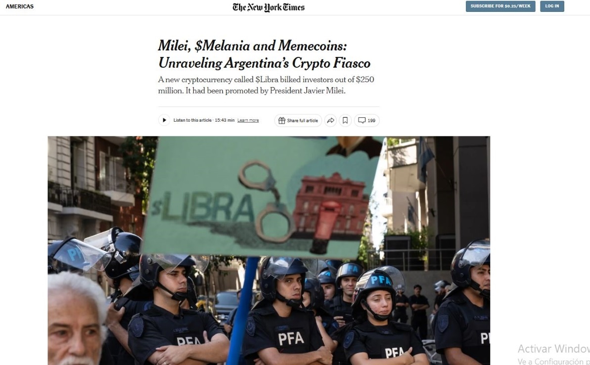 La noticia en el New York Times: “Milei, $Melania y memecoins: desenredando la cripto estafa argentina”. Créditos: NYT
