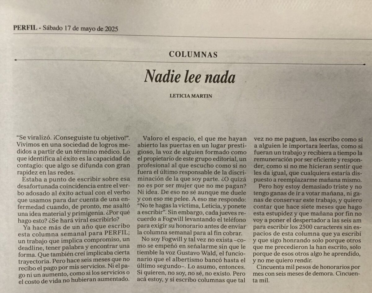 “Nadie lee nada”, la denuncia contra la precarización del diario Perfil, publicada en el Diario Perfil. Créditos: Leticia Martin