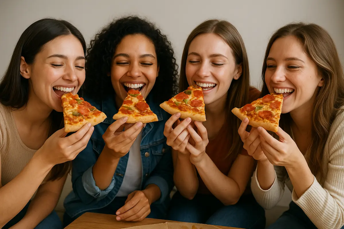 Amigas disfrutan de pizza juntas