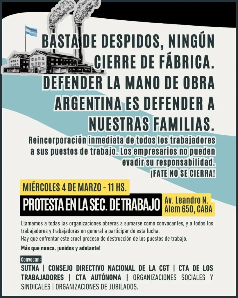 FATE no se cierra: convocan a una protesta frente a la Secretaría de Trabajo contra los despidos 2 fate 2