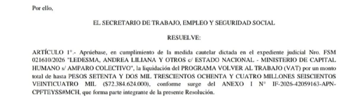 Volver al Trabajo: Pettovello obedece a la justicia y se cobrará en mayo 2 En cumplimiento de la medida cautelar 1