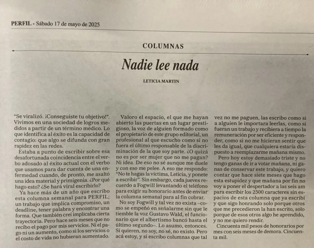 No valoramos lo suficiente a los periodistas: la mayoría percibe salarios de pobreza 2 “Nadie lee nada”, la denuncia contra la precarización del diario Perfil, publicada en el Diario Perfil. Créditos: Leticia Martin